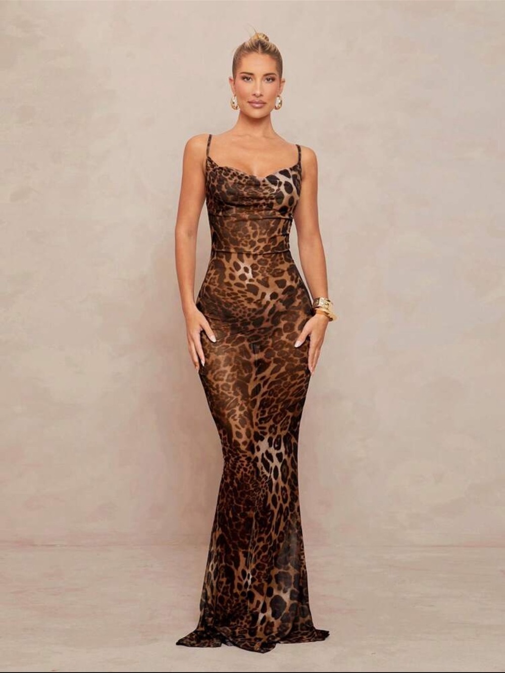 Leopard Print Slip Maxi Dress Brown Black Mesh Cowl Neck Sheer